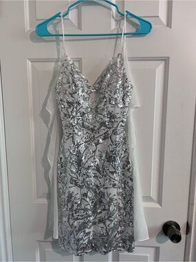 Silver Sequined Mini Dress with Draped Sheer Panels